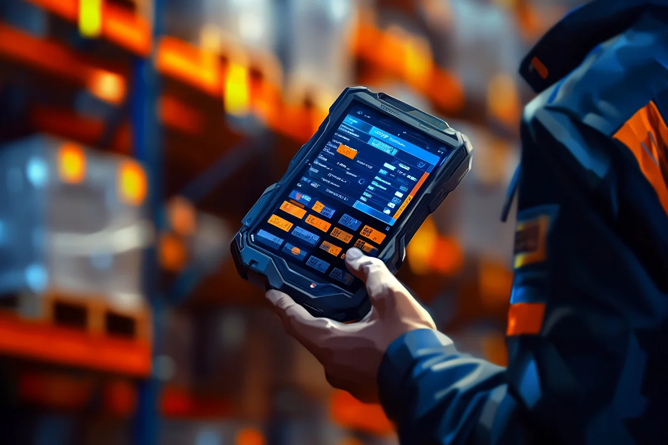 Magazynier trzyma terminal mobilny z aplikacją WMS na tle regałów paletowych wysokiego składowania